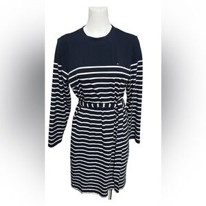 Tommy Hilfiger Long Sleeve Belted Stripe Knit Dress Blue White Cotton Blend L